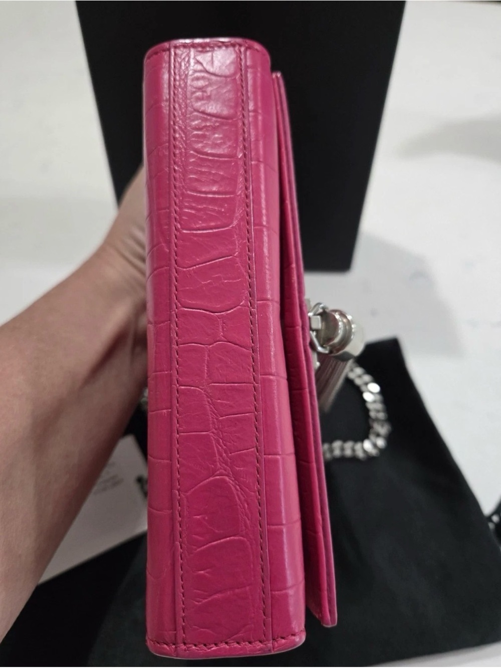 🔥Saint Laurent Fuchsia Croc-Embossed Kate Tassle Bag Small🔥 - Picture 8 of 17
